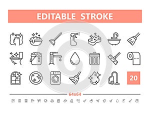 Cleaning 20 line icons. Vector illustration in line style. Editable Stroke, 64x64, 256x256, Pixel Perfect.