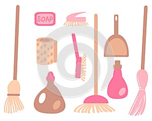 Cleaning accessories vector clipart collection. Housecleaning symbols in flat style. Hand drawn illustration isolated on white photo