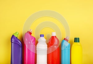 Cleaning agents in colorful bottles
