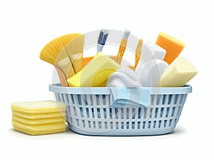 Cleaning basket with eco-friendly brushes, sponges, and rags. On a white background, a cleaner notion.