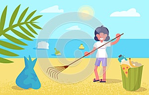 Cleaning the beach of garbage Vector. Cartoon. Isolated art Flat