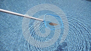 cleaning a blue pool with a net close up