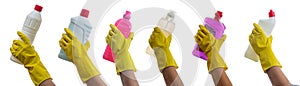 Cleaning bottles on gloved hands isolated against white background