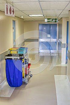 cleaning cart on a spotless hallway