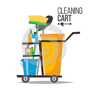 Cleaning Cart Vector. Classic Trolley Cleaning Service Cart. Broom, Bucket, Detergents, Cleaning Tools, Supplies. Yellow