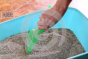 Cleaning cat litter box. Hand is cleaning of cat litter box with green spatula. Toilet cat cleaning sand.