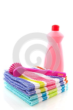 Cleaning cloths brush and liquids