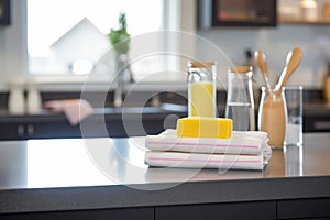 cleaning cloths and sponge on a granite kitchen island