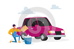 Cleaning Company Employee Working Process, Man Cleaning Vehicle. Car Wash Service on Auto Station Concept