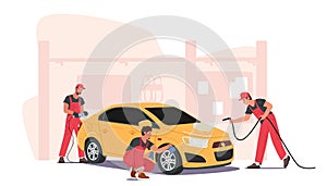 Cleaning Company Employees Male or Female Characters Work Process. Car Wash Service Concept. Men Workers Wear Uniform