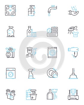 Cleaning company linear icons set. Disinfecting, Sanitizing, Tidying, Organizing, Detailing, Purifying, Scrubbing line