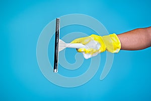 Cleaning conept - hand cleaning glass window pane with detergent