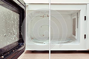 Cleaning a dirty tray of the microwave oven before and after the problem is resolved