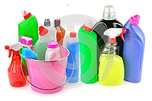 Cleaning and disinfectants isolated on white. Collage