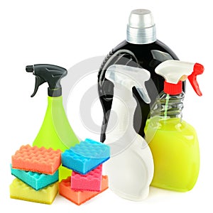 Cleaning and disinfectants isolated on white. There is free space for text