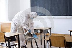 Cleaning and disinfection school class to prevent COVID-19.M