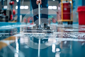 Cleaning epoxy floor service staff using a mop in uniform