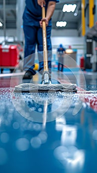 Cleaning epoxy floor service staff using a mop in uniform