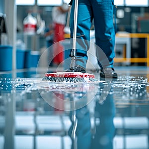 Cleaning epoxy floor service staff using a mop in uniform