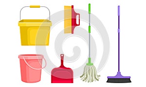 Cleaning Equipment with Bucket, Mop and Shovel Vector Set