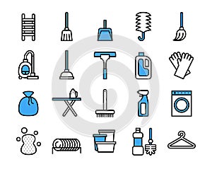 Cleaning Equipment icon set. Vector thin line style