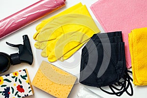 Cleaning equipment. Protective masks, rubber gloves, cleaning cloths, bags, antiseptic spray, microfiber, sponges