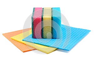 Cleaning equipment, sponge, cloths on white background