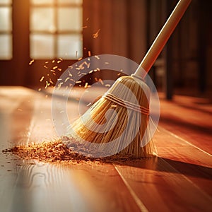 Cleaning essentials Broom sweeping away dust, promoting household cleanliness