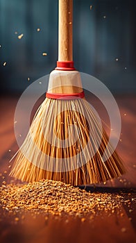 Cleaning essentials Broom sweeping away dust, promoting household cleanliness