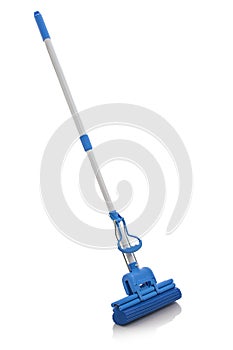 Cleaning floor with mop isolated on white photo