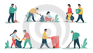 Cleaning garbage. Cartoon characters sorting and recycling waste and trash, collecting rubbish. Vector people picking up