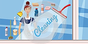 Cleaning girl banner horizontal, cartoon style