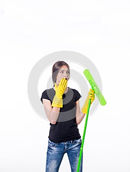 Cleaning girl happy excited during cleaning. Funny girl with cleaning mop isolated on white background