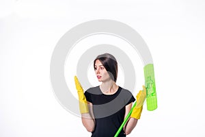 Cleaning girl happy excited during cleaning. Funny girl with cleaning mop isolated on white background