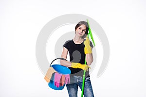 Cleaning girl happy excited during cleaning. Funny girl with cleaning mop isolated on white background