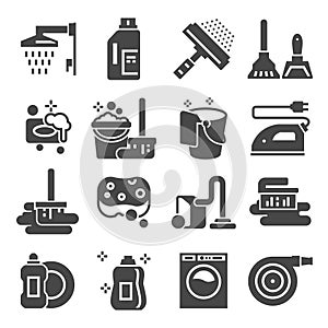 Cleaning gray icons set. Laundry, Sponge and Vacuum cleaner signs. Washing machine