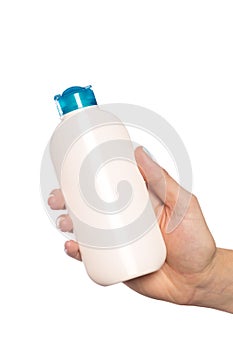 Cleaning, hand holding spray bottles isolated against white background