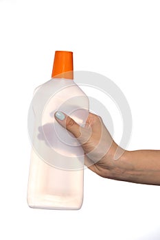 Cleaning, hand holding spray bottles isolated against white background