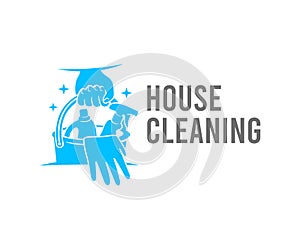 Cleaning, hand holds a bucket of cleaners and detergents, logo design. Sanitizing, disinfecting, hygiene and cleanliness, vector d