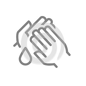 Cleaning hands with disinfectant drop line icon. Hand disinfection, hygiene symbol