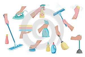 Cleaning. Hands holding cleaning tools. Housekeeping, disinfection and cleaning service.