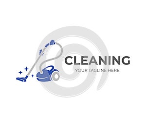 Cleaning, hands holding a vacuum cleaner with brilliance of purity, logo design. Steam mop and cleaning service, vector design