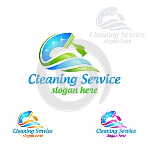 Cleaning Home Service vector Logo design, Eco Friendly with shiny broom and circle Concept