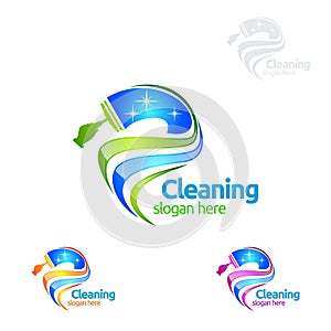 Cleaning Home Service vector Logo design, Eco Friendly with shiny broom and circle Concept