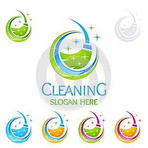 Cleaning Home Service vector Logo design, Eco Friendly with shiny broom and circle Concept