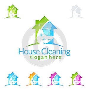 Cleaning Home Service vector Logo design, Eco Friendly with shiny broom and circle Concept with broom and house