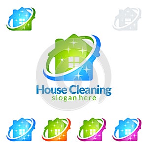 Cleaning Home Service vector Logo design, Eco Friendly with shiny broom and circle Concept isolated on white Background