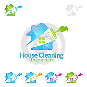Cleaning Home Service vector Logo design, Eco Friendly with shiny broom and circle Concept isolated on white Background