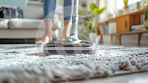 Cleaning a house, apartment, removing dust and dirt. A modern vacuum cleaner moves over a soft carpet in a home environment