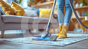 Cleaning a house, apartment, removing dust and dirt. A modern vacuum cleaner moves over a soft carpet in a home environment